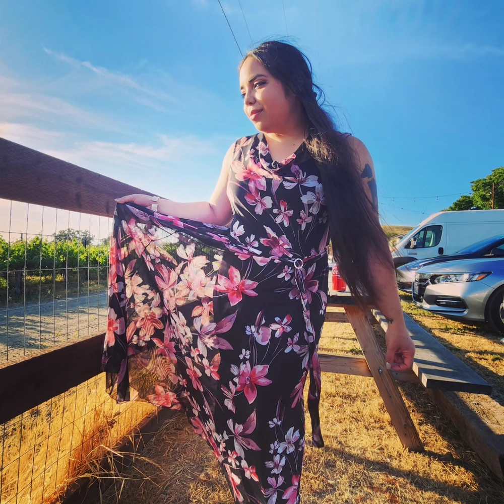 Floral Sleeveless Maxi Dress - Black and Pink